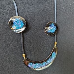 💙Copper Enamel Cord Necklace Blue Pink Crescent Round Earrings Hook silver ton…